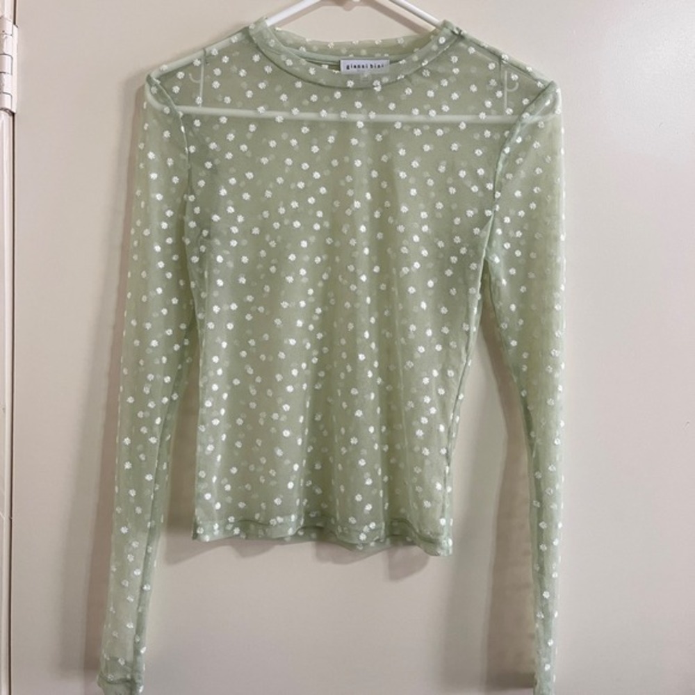 Gianni Bini Sheer‎ Mesh Top XS Sage Floral Embroidered Y2K Fairy Coquette Ballet